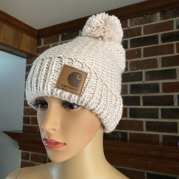Carhartt Rib Knit Sherpa Lined  Pom Pom Beanie Hat Pink Salt One Size New - Picture 14 of 16
